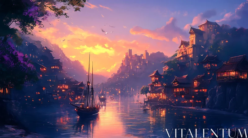 Serene Sunset Over Waterfront Village AI Image