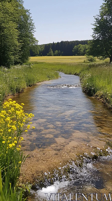 AI ART Peaceful Stream in Green Meadow with Yellow Flowers