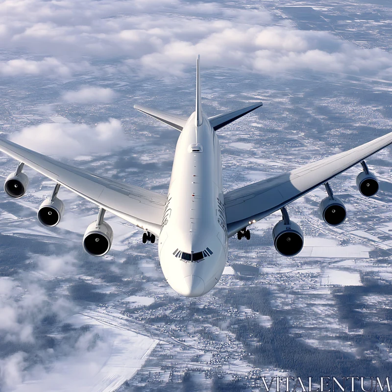 AI ART Airplane in Flight Over Snowy Landscape