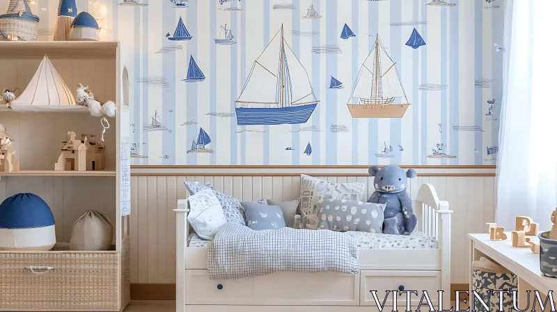 AI ART Nautical Nursery Decor with Sailboat Wallpaper