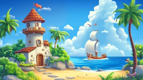 Tropical Island Seascape Illustration