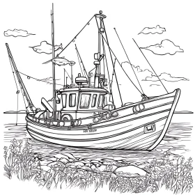 Detailed Fishing Boat Drawing Anchored at Shore