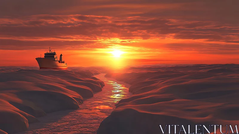 Icebreaker Ship Navigating Sunlit Ice Fields