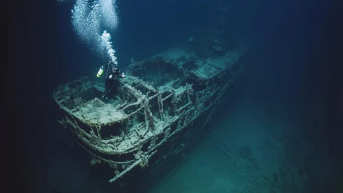 Diver and Shipwreck in the Deep Ocean