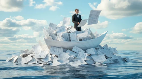 Man in a Suit on Paper-filled Boat in Ocean