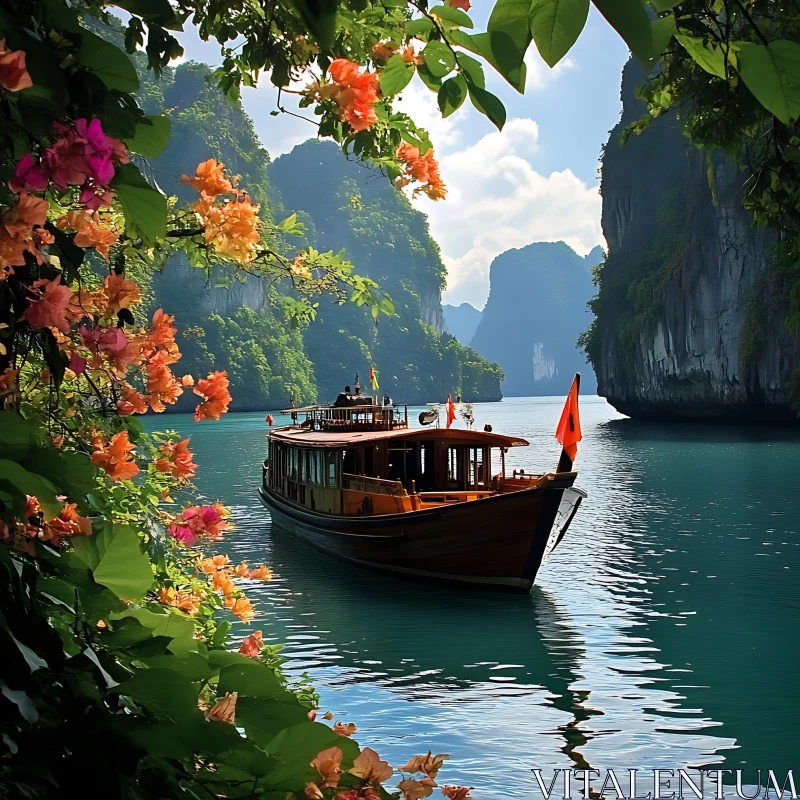 AI ART Serene Boat Journey through Nature's Wonders