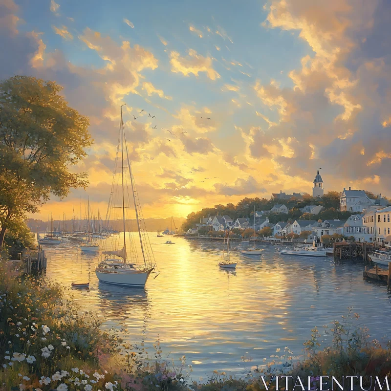 Sunset over Serene Harbor with Sailboats and Village AI Image