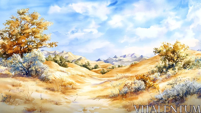 AI ART Golden Desert Scenery in Watercolor