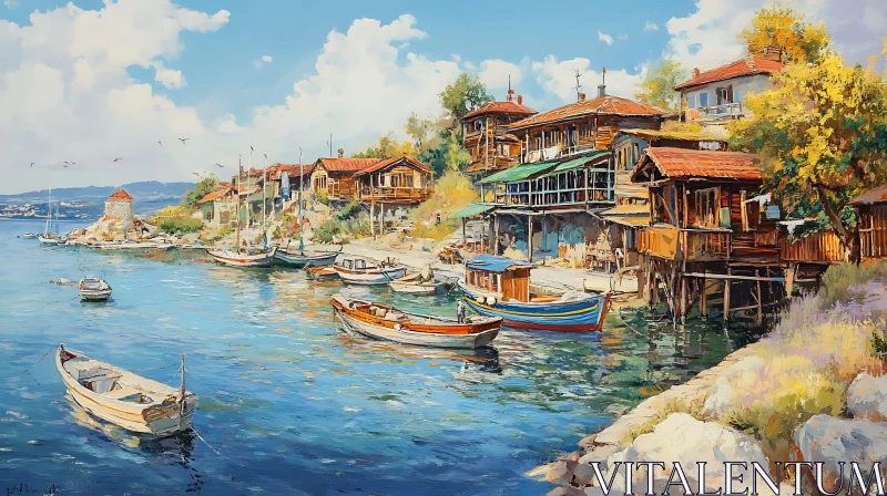 AI ART Quaint Seaside Village Harbor with Boats