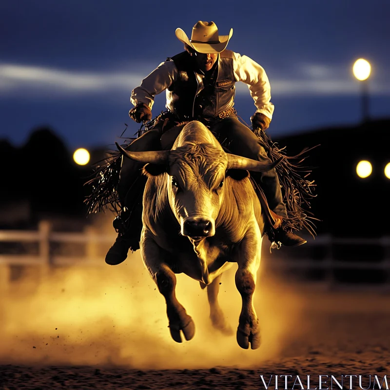 AI ART Action-Packed Night Rodeo with a Cowboy Riding a Bull