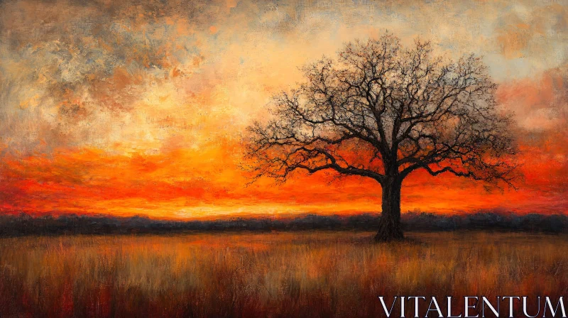 Fiery Sky Over Tree and Field at Sunset