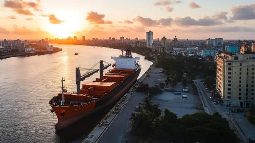 Industrial Harbor Sunset with Cargo Ship