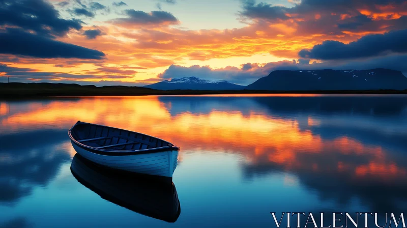 AI ART Tranquil Lake with Boat at Sunset