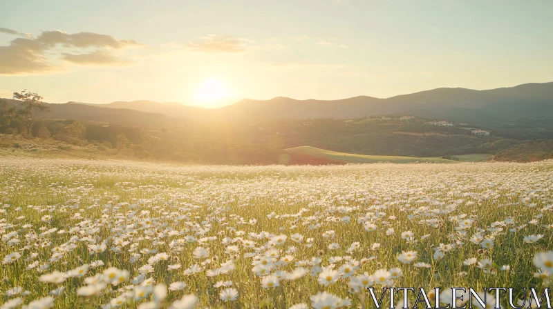 AI ART White Daisy Field at Sunset