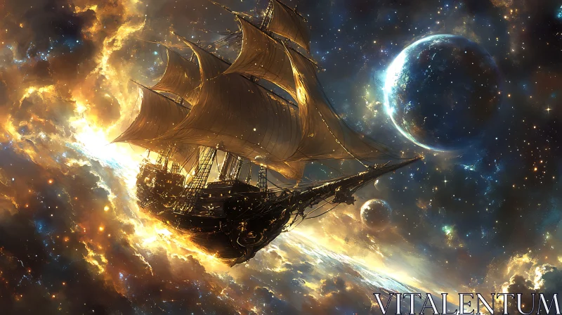 AI ART Celestial Voyage: A Ship in Space
