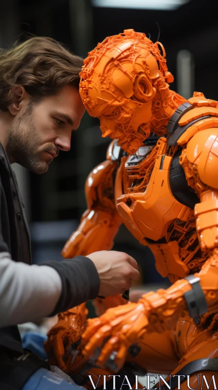 Man Interacting with an Intricately Designed Orange Robot AI Image