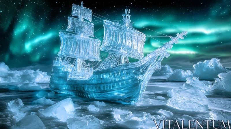 AI ART Frozen Sailing Ship in Northern Lights