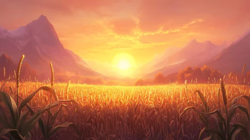 Serene Cornfield at Sunset with Mountain Landscape