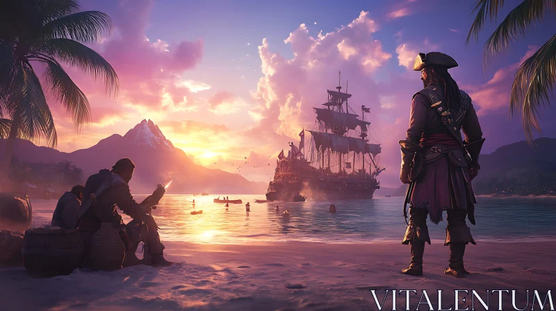 Pirates and Ship at Sunset on Tropical Beach AI Image