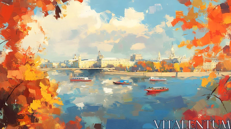 AI ART Autumnal Lake Cityscape with Boats