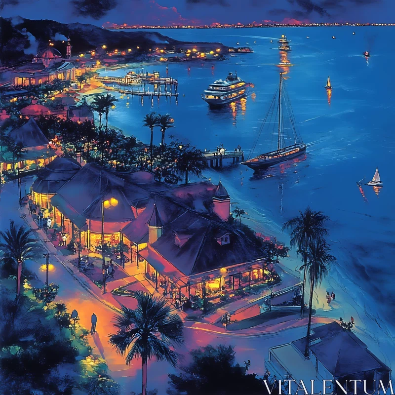 Evening Harbor Illuminated with Boats and Tropical Vibes AI Image