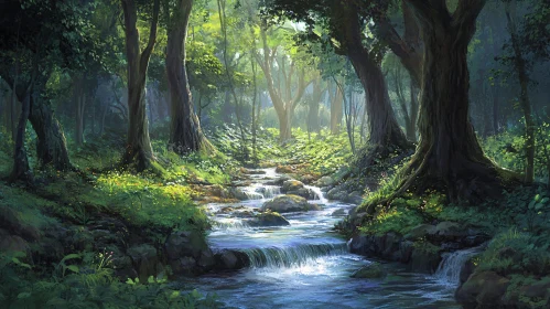 Peaceful Woodland with Sunlight and Creek