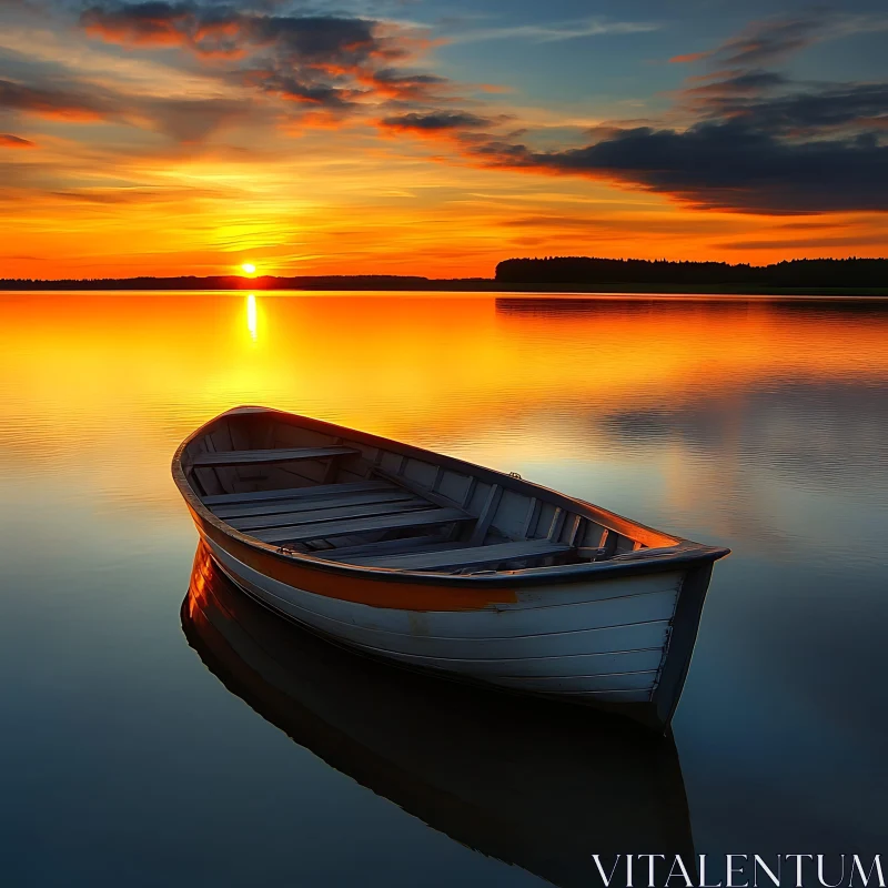 Solitary Boat on Peaceful Lake at Sunset AI Image