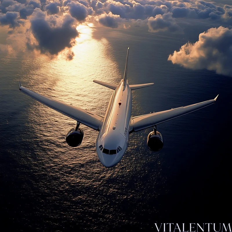 Plane in Golden Hour Over Ocean AI Image