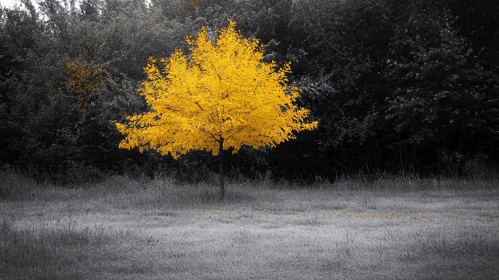 Vibrant Yellow Tree in a Gray Landscape