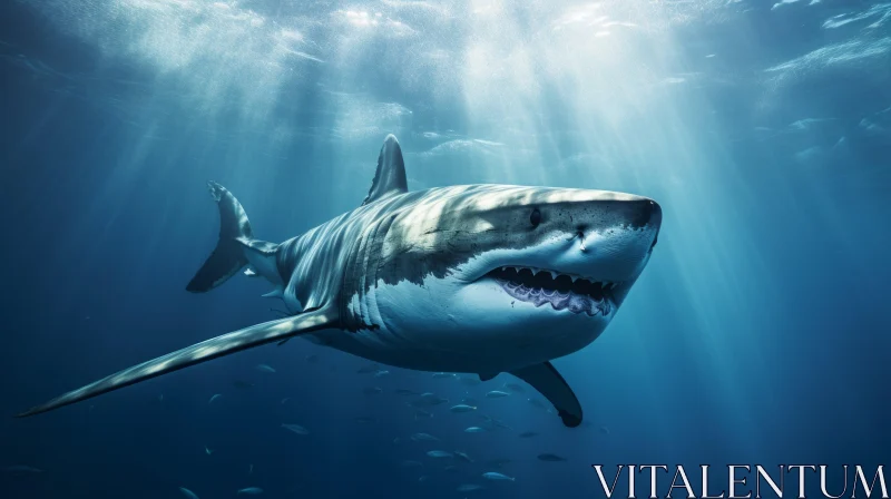 Underwater Majesty: Great White Shark Immersed in Sunlight AI Image