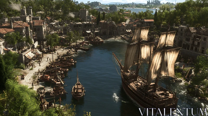 Ancient Harbor Scene with Sailing Ship and Waterfront AI Image