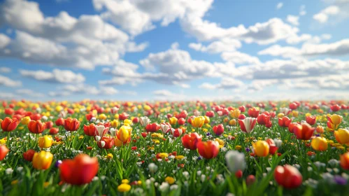 Vast Blooming Tulip Field in Spring Weather