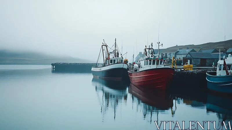 Tranquil Foggy Harbor with Docked Boats AI Image