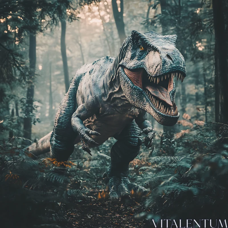 AI ART Predator Dinosaur in Misty Woodland