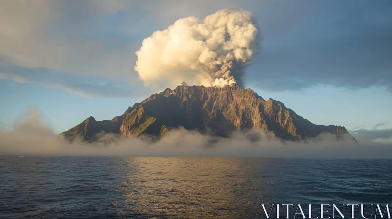 Majestic Volcano Erupting Over Calm Ocean Waters AI Image