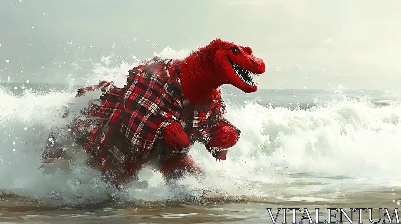 AI ART Red Dinosaur in Checkered Shirt at Beach