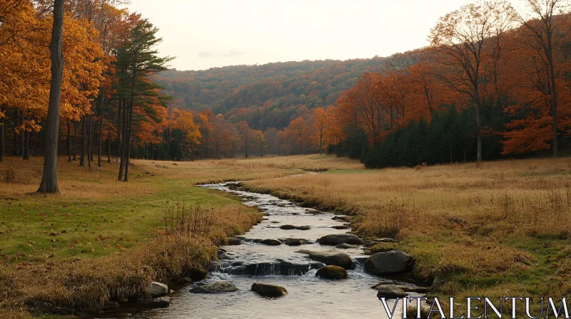 AI ART Autumn Stream and Forest Landscape