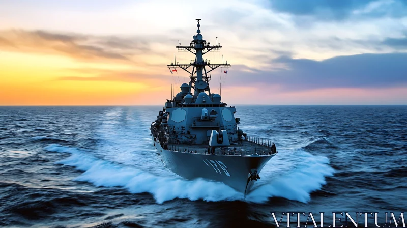 Warship on the Ocean at Dusk AI Image