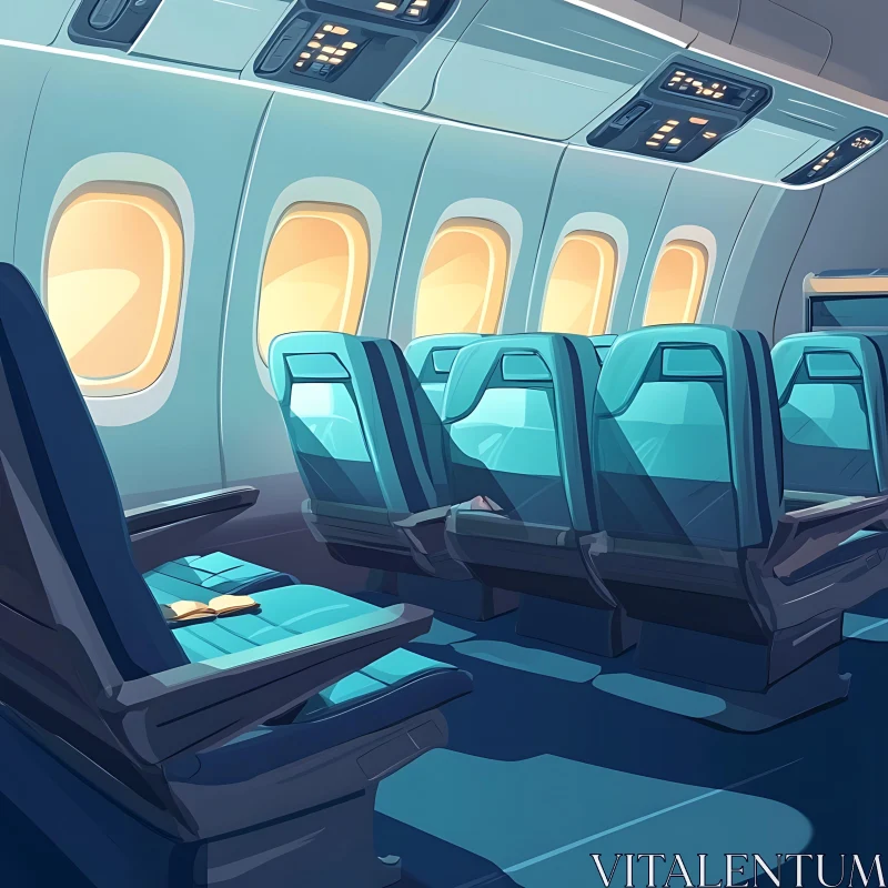 Calm Airplane Cabin with Empty Seats and Sunlit Windows AI Image