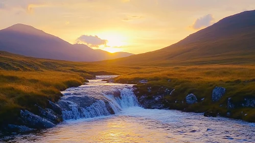 Golden Hour Over Serene River and Cascading Falls