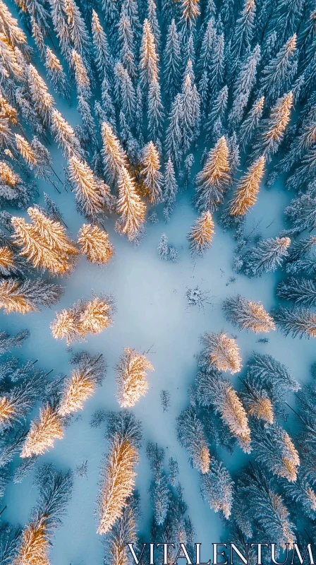 Snow-Covered Conifer Forest from Above AI Image