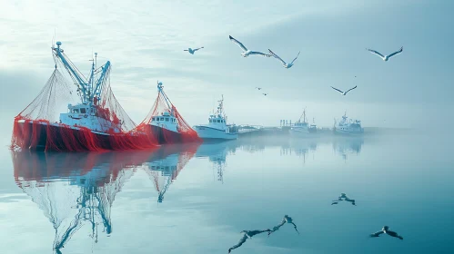 Fishing Boats and Seagulls on Misty Calm Waters