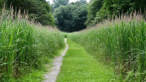 Tranquil Path through Verdant Grass To a Forest