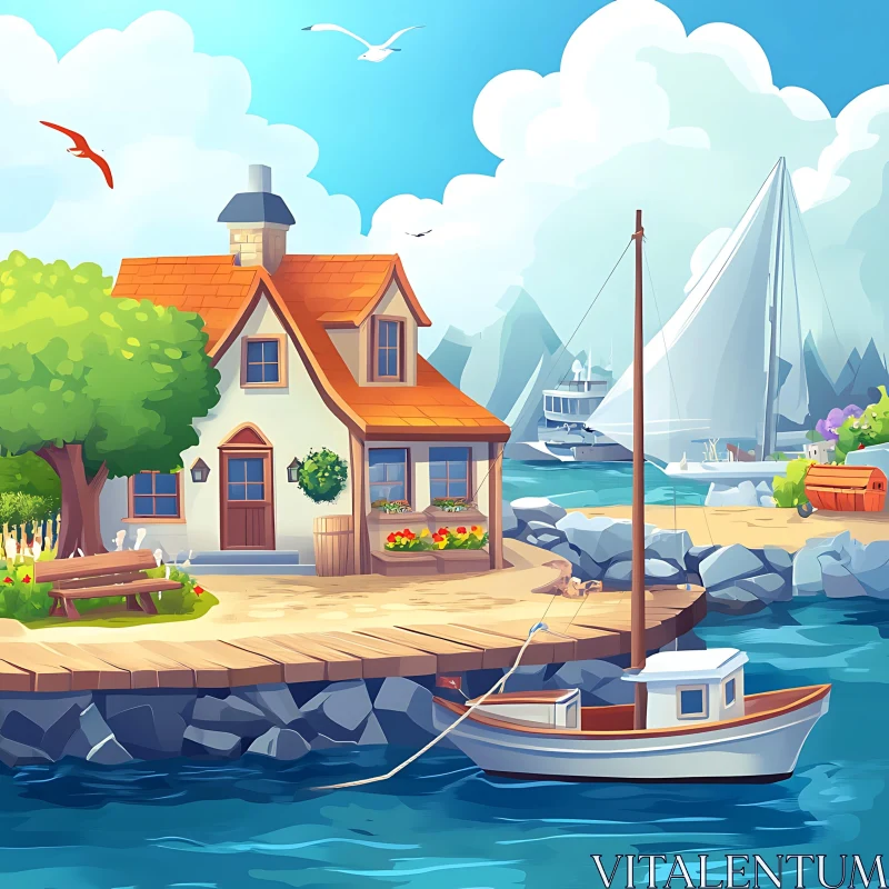 Charming Coastal House with Sailboat on Pier AI Image