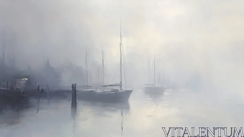 AI ART Serene Harbor Scene with Sailboats in Fog