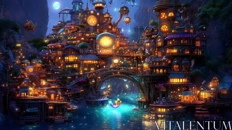 Magical Illuminated Fantasy Town Nightscape AI Image