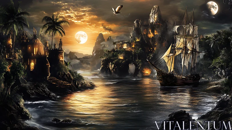 Moonlit Voyage to Mystical Island AI Image