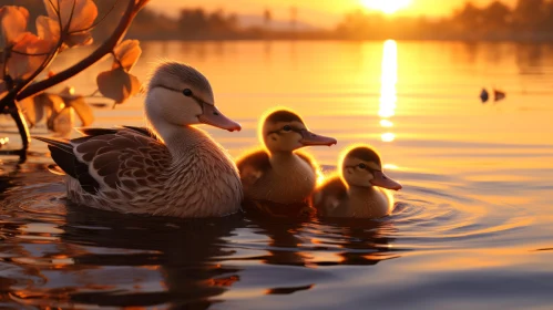 Graceful Ducks on Water: A Golden Backlit Display