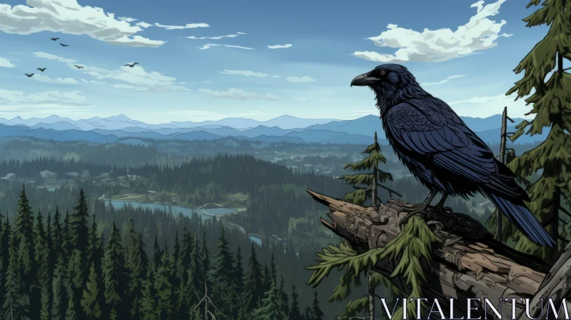 Panoramic Landscape with Crow - Fine Art Illustration AI Image
