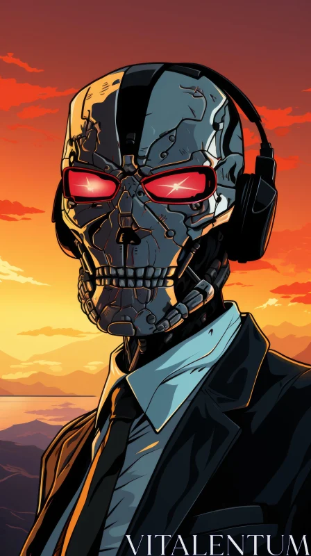 AI ART Skeleton in Suit at Sunset - Cyberpunk Manga Art